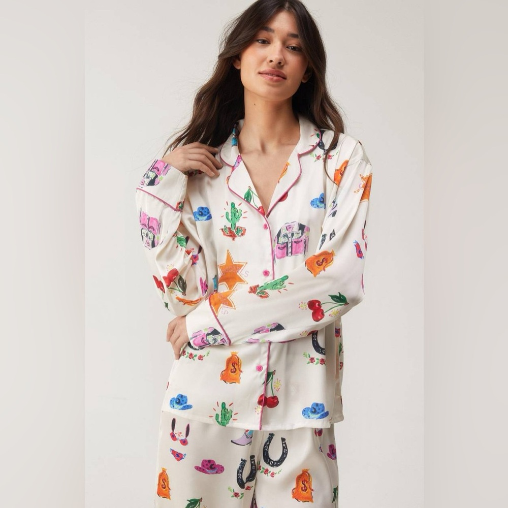 NWT NastyGal Satin Cowboy Western Pajama Pants Set